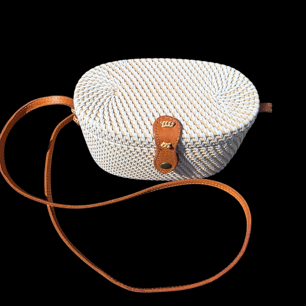 White Handwoven Balinese Rattan Crossbody Bag with Leather Strap Batik Lining